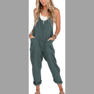 Women's Overalls Linen Cotton Jumpsuit with Pockets - Sea Blue - M